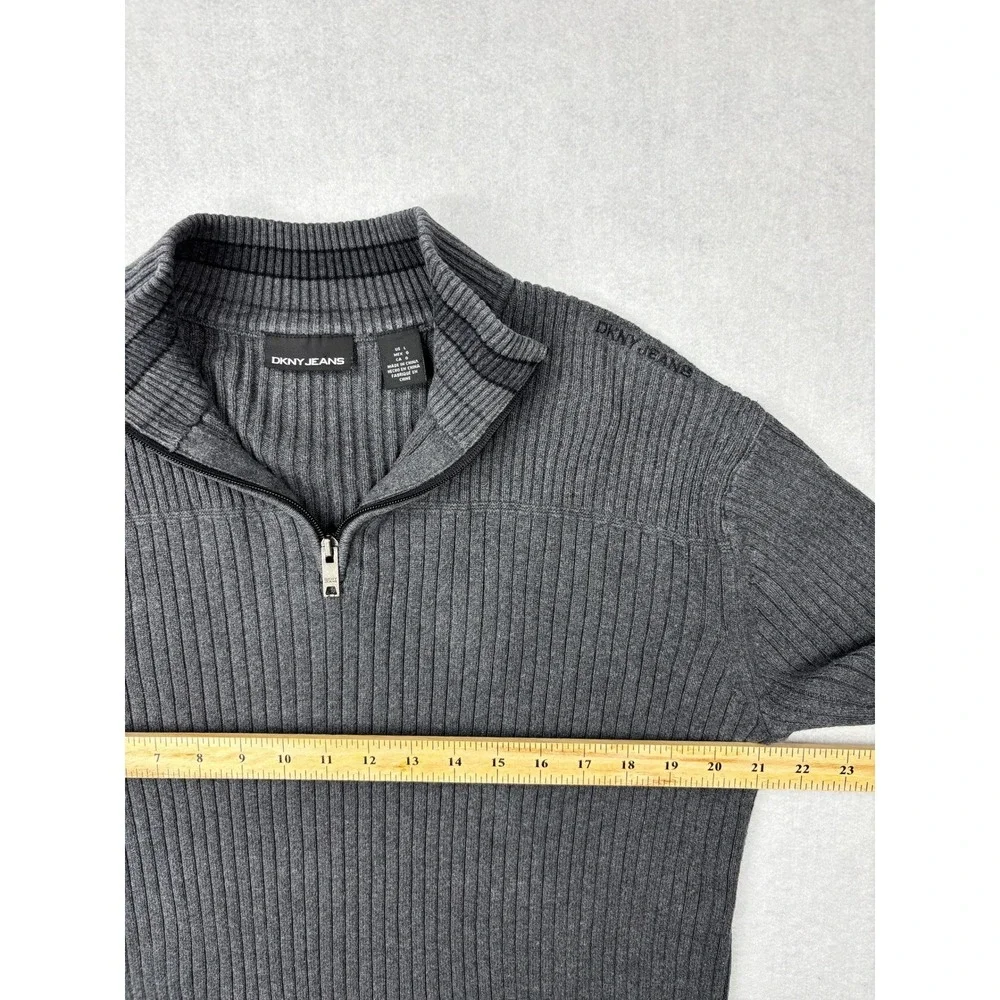 DKNY Jeans Quarter Zip Sweater Mens Large Charcoal‎ Gray Ribbed Cotton Pullover